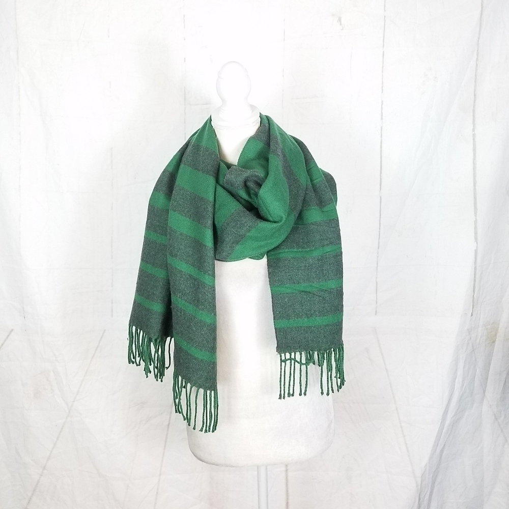 Super soft and cozy green and gray striped scarf